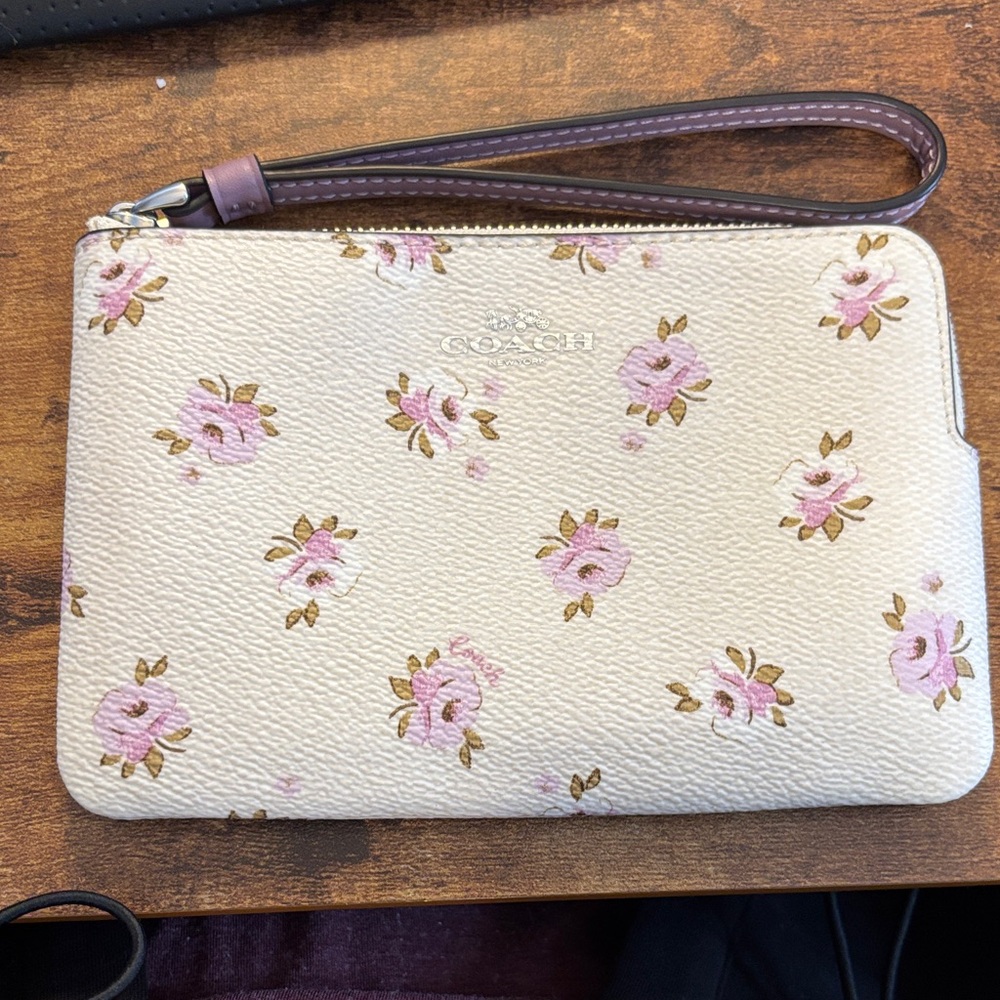 Coach Ivory Wristlet with Pink Floral Design